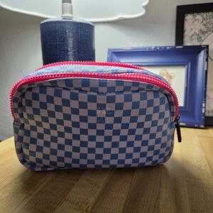 Blue Checkered Cosmetic Bag with Pink Accents